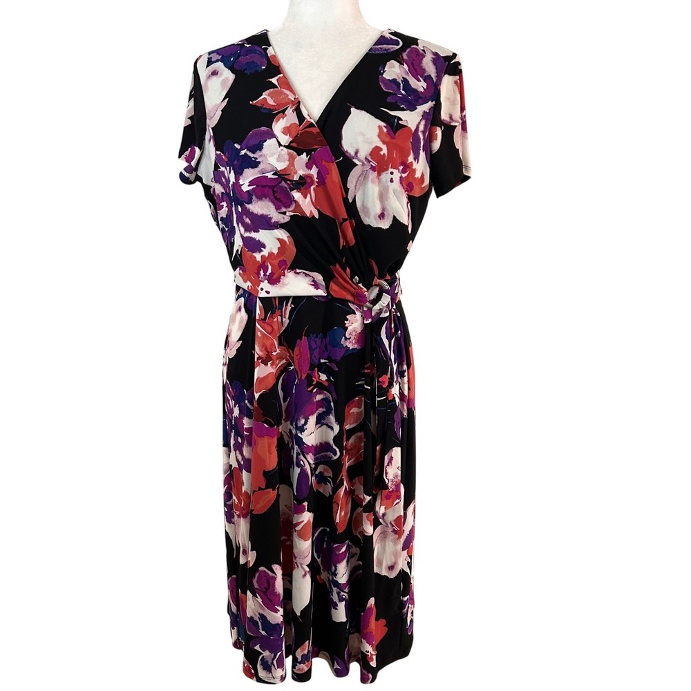 NWOT Lauren Ralph Lauren Floral Faux Wrap Dress Black Purple Coral Sz 8 KY Derby